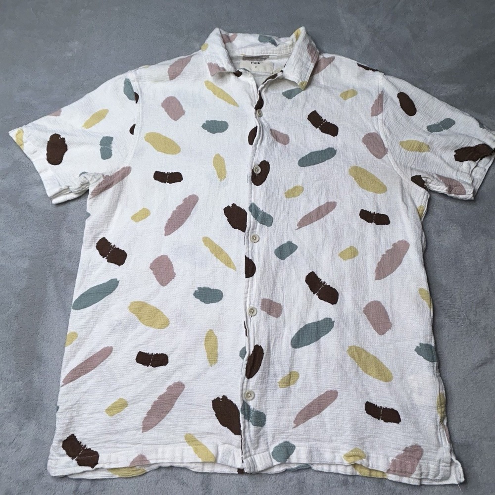 Folk Shirt Mens Medium Multicolor Abstract Print Short Sleeve Cotton Button Up